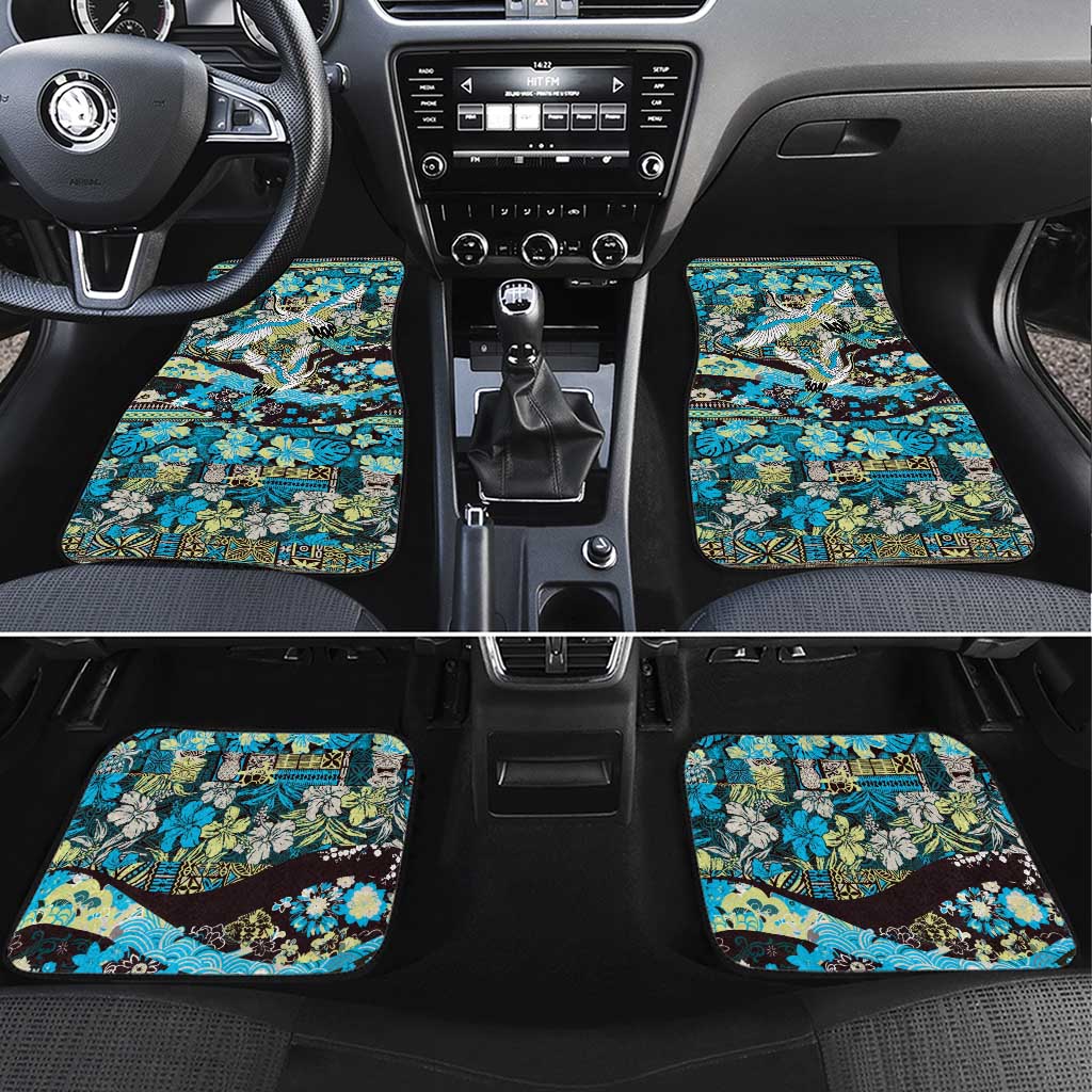 Japanese Hawaiian Crane Car Mats Blue Tapa Patchwork Pattern LT9 Set 4pcs Blue - Polynesian Pride