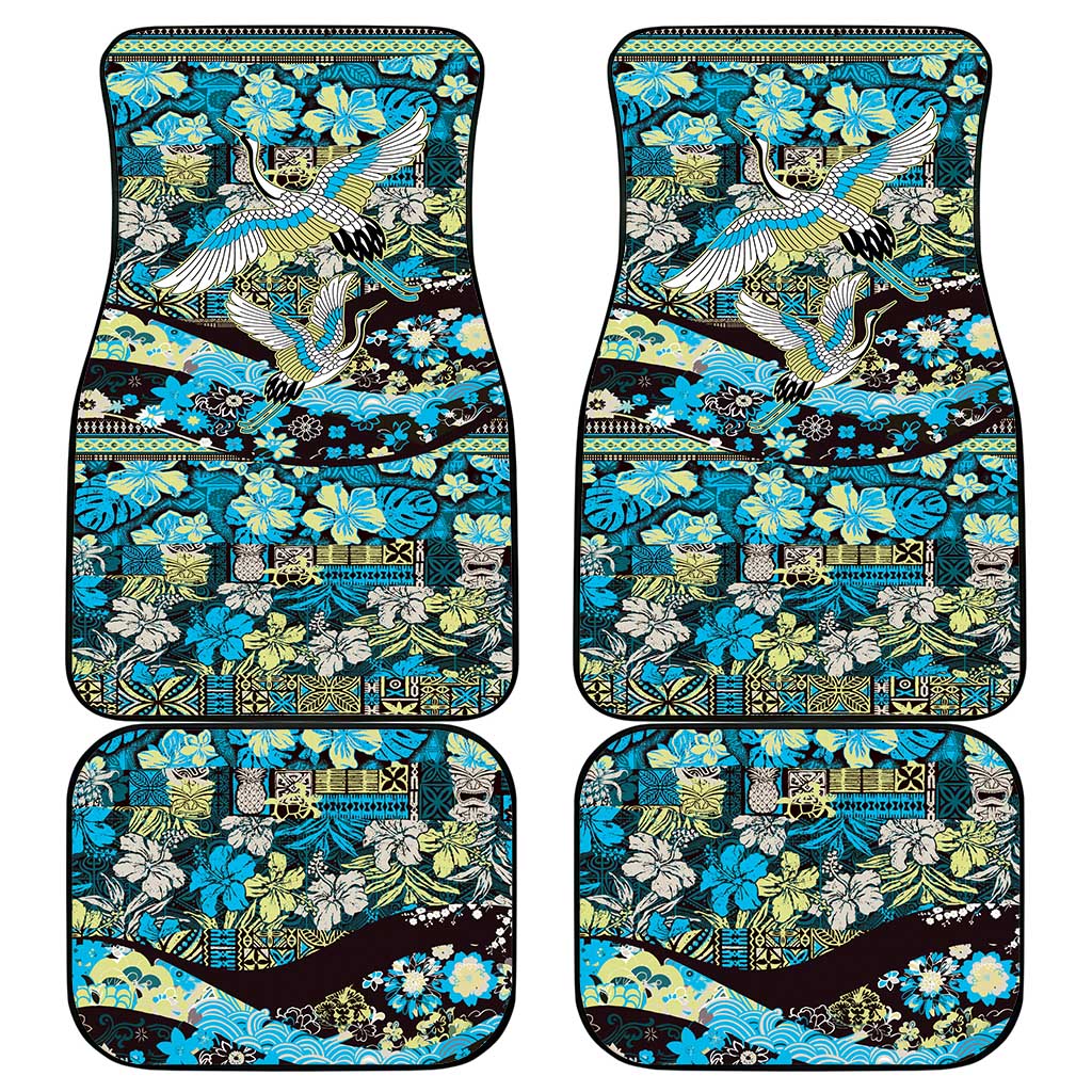 Japanese Hawaiian Crane Car Mats Blue Tapa Patchwork Pattern LT9 - Polynesian Pride