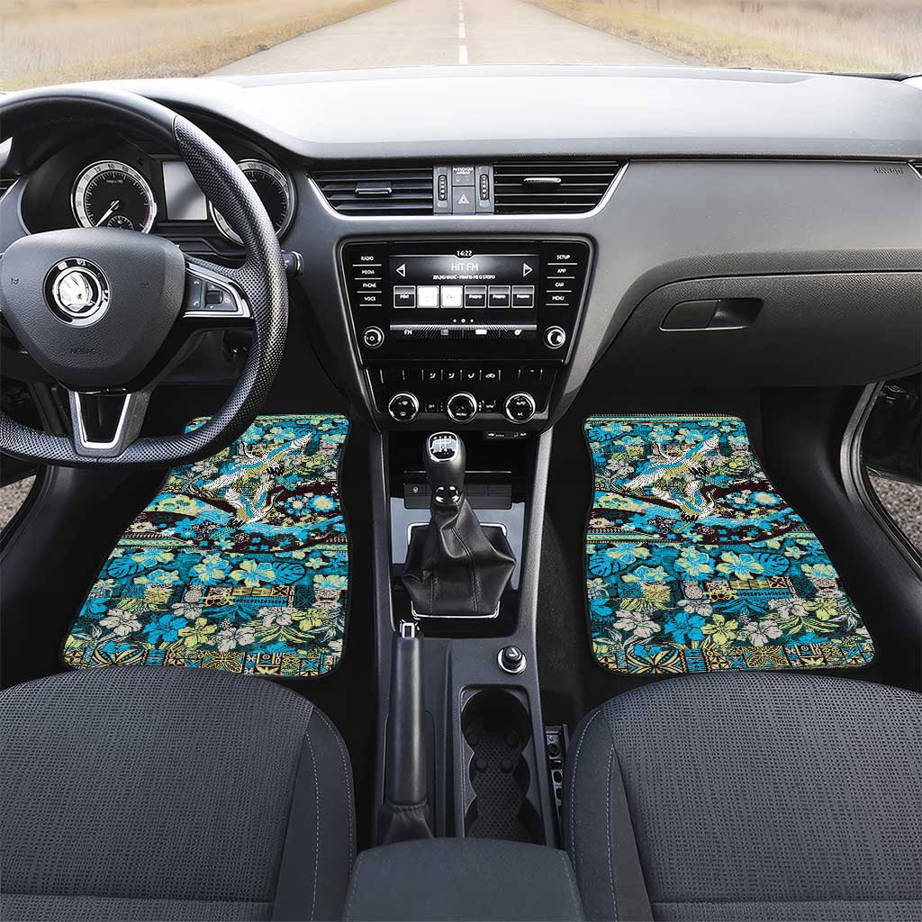 Japanese Hawaiian Crane Car Mats Blue Tapa Patchwork Pattern LT9 Set 2pcs - Front Blue - Polynesian Pride