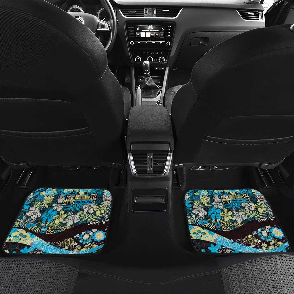 Japanese Hawaiian Crane Car Mats Blue Tapa Patchwork Pattern LT9 Set 2pcs - Back Blue - Polynesian Pride