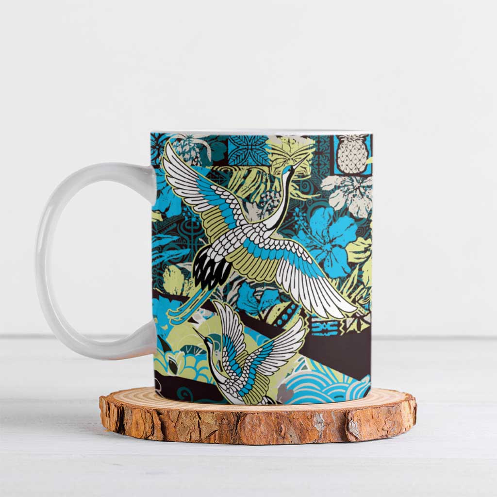 Japanese Hawaiian Crane Ceramic Mug Blue Tapa Patchwork Pattern LT9 Blue - Polynesian Pride