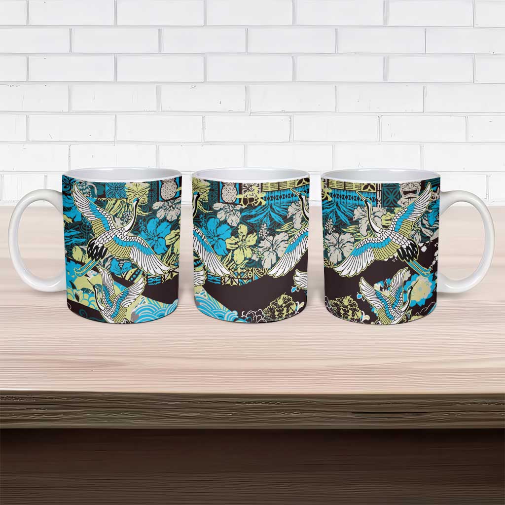 Japanese Hawaiian Crane Ceramic Mug Blue Tapa Patchwork Pattern LT9 - Polynesian Pride