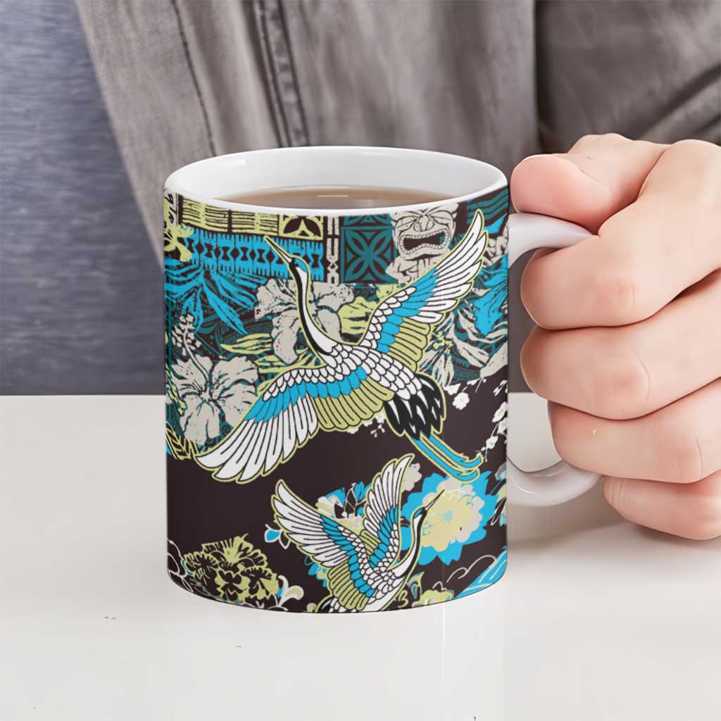 Japanese Hawaiian Crane Ceramic Mug Blue Tapa Patchwork Pattern LT9 - Polynesian Pride