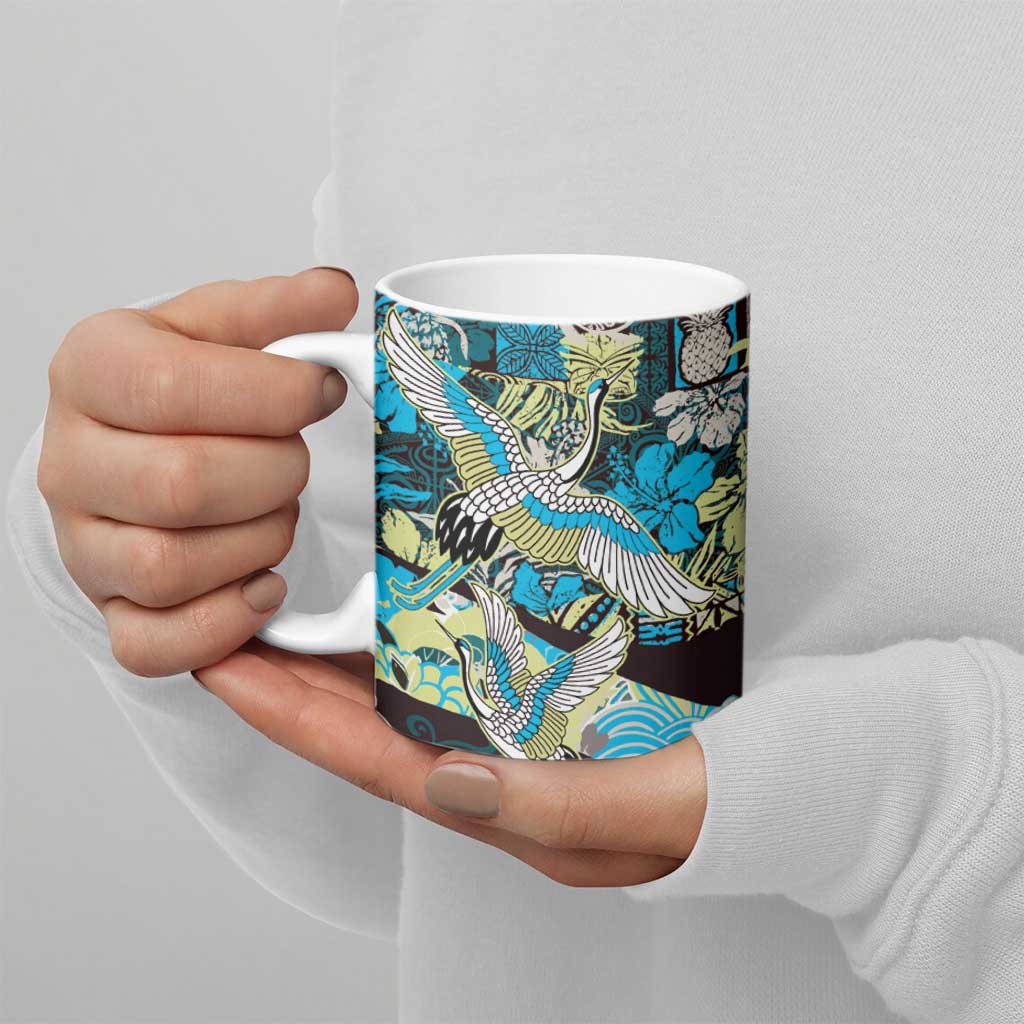 Japanese Hawaiian Crane Ceramic Mug Blue Tapa Patchwork Pattern LT9 - Polynesian Pride