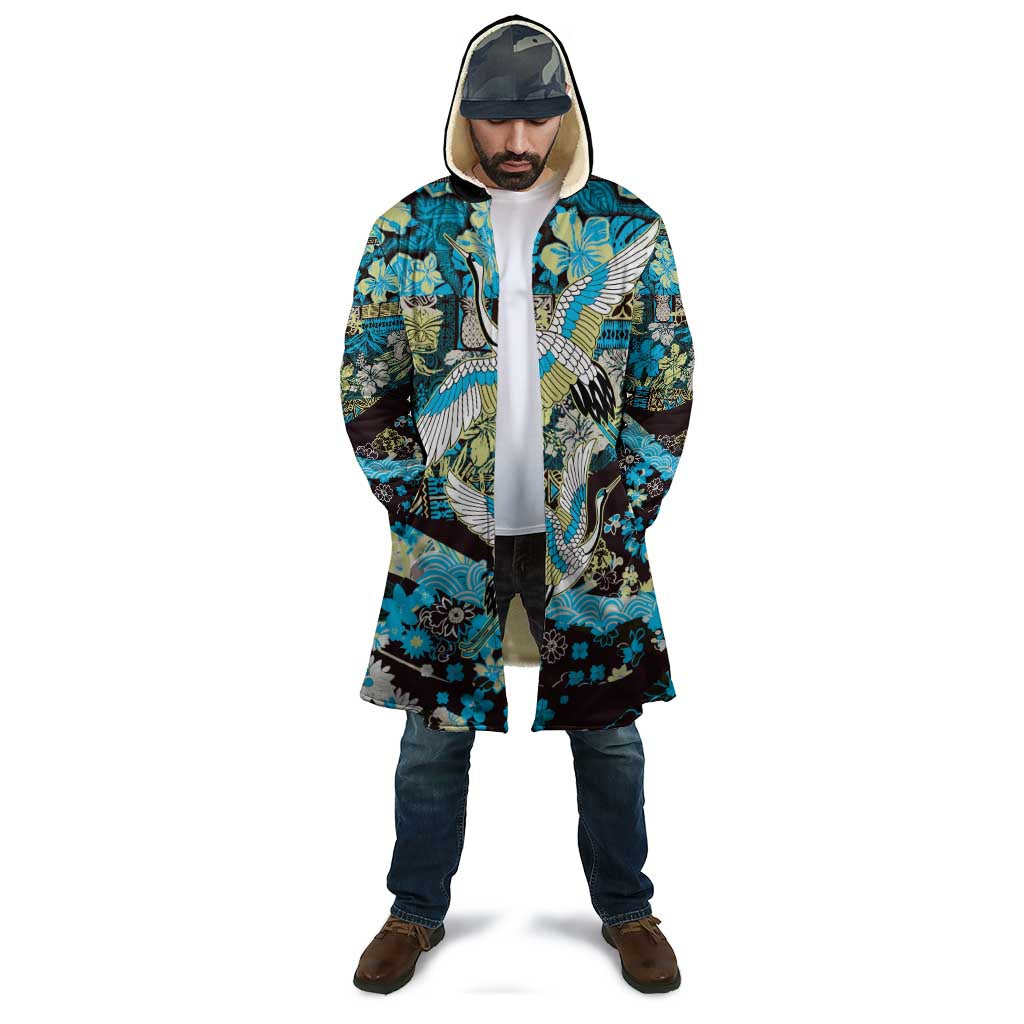 Japanese Hawaiian Crane Cloak Blue Tapa Patchwork Pattern LT9 - Polynesian Pride