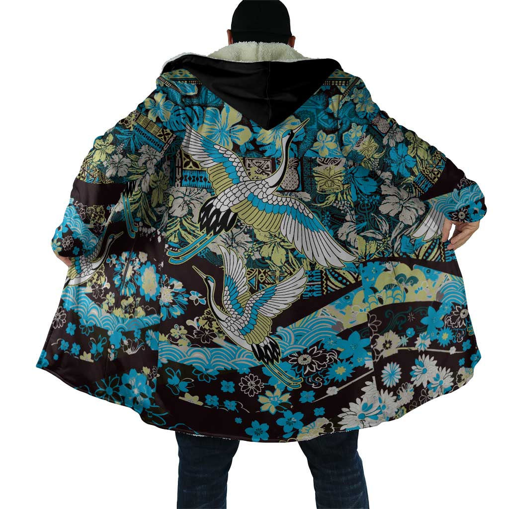 Japanese Hawaiian Crane Cloak Blue Tapa Patchwork Pattern LT9 - Polynesian Pride