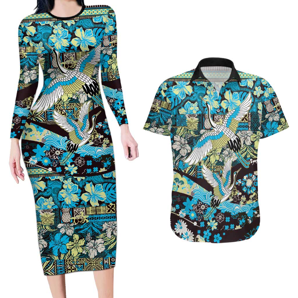 Japanese Hawaiian Crane Couples Matching Long Sleeve Bodycon Dress and Hawaiian Shirt Blue Tapa Patchwork Pattern LT9 Blue - Polynesian Pride