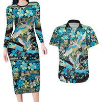 Japanese Hawaiian Crane Couples Matching Long Sleeve Bodycon Dress and Hawaiian Shirt Blue Tapa Patchwork Pattern LT9 Blue - Polynesian Pride