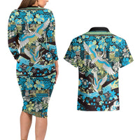 Japanese Hawaiian Crane Couples Matching Long Sleeve Bodycon Dress and Hawaiian Shirt Blue Tapa Patchwork Pattern LT9 - Polynesian Pride
