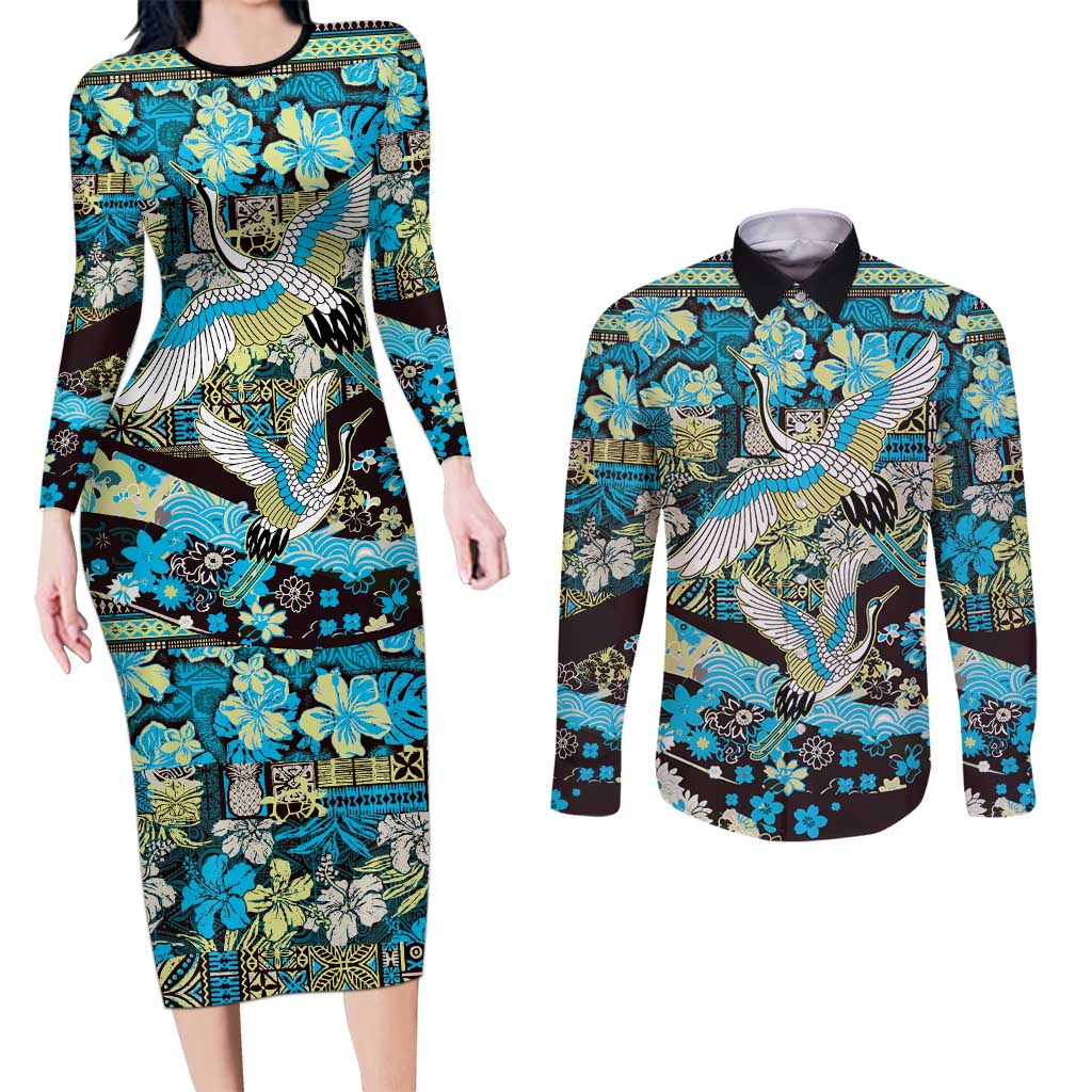 Japanese Hawaiian Crane Couples Matching Long Sleeve Bodycon Dress and Long Sleeve Button Shirt Blue Tapa Patchwork Pattern LT9 Blue - Polynesian Pride