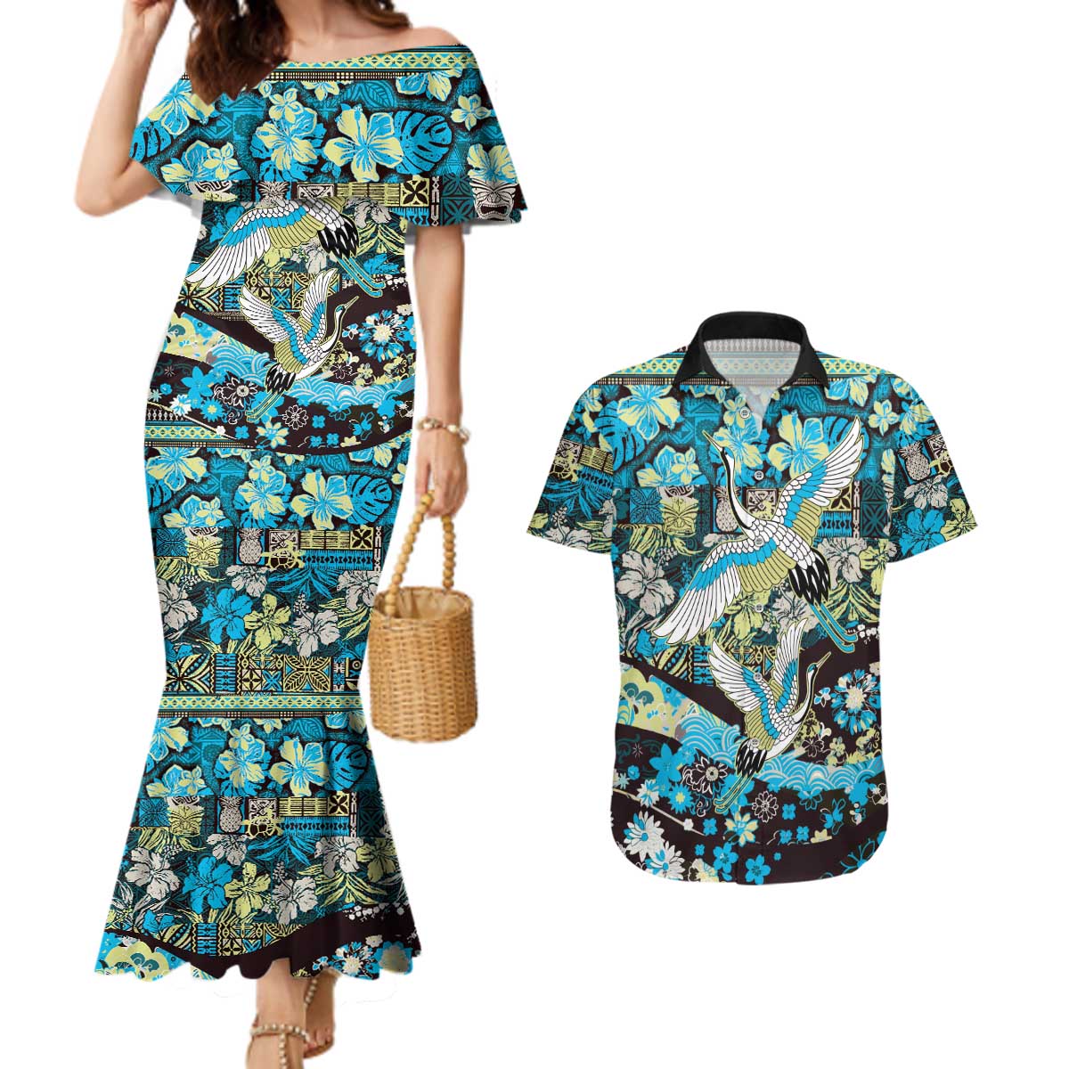 Japanese Hawaiian Crane Couples Matching Mermaid Dress and Hawaiian Shirt Blue Tapa Patchwork Pattern LT9 Blue - Polynesian Pride