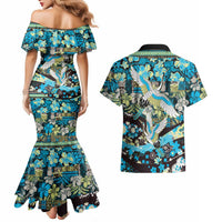 Japanese Hawaiian Crane Couples Matching Mermaid Dress and Hawaiian Shirt Blue Tapa Patchwork Pattern LT9 - Polynesian Pride