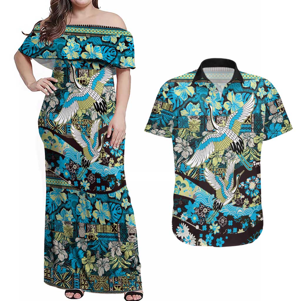 Japanese Hawaiian Crane Couples Matching Off Shoulder Maxi Dress and Hawaiian Shirt Blue Tapa Patchwork Pattern LT9 Blue - Polynesian Pride