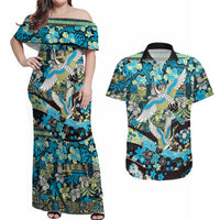 Japanese Hawaiian Crane Couples Matching Off Shoulder Maxi Dress and Hawaiian Shirt Blue Tapa Patchwork Pattern LT9 Blue - Polynesian Pride