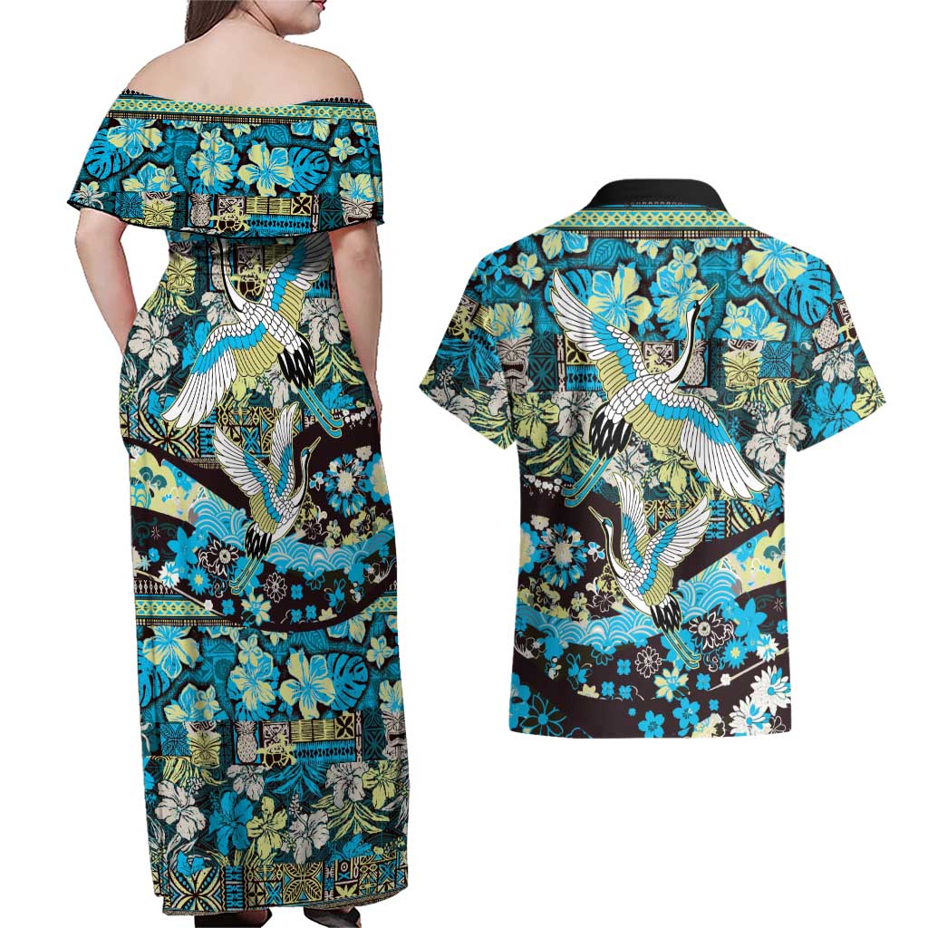 Japanese Hawaiian Crane Couples Matching Off Shoulder Maxi Dress and Hawaiian Shirt Blue Tapa Patchwork Pattern LT9 - Polynesian Pride