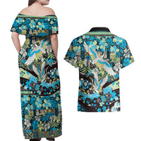 Japanese Hawaiian Crane Couples Matching Off Shoulder Maxi Dress and Hawaiian Shirt Blue Tapa Patchwork Pattern LT9 - Polynesian Pride
