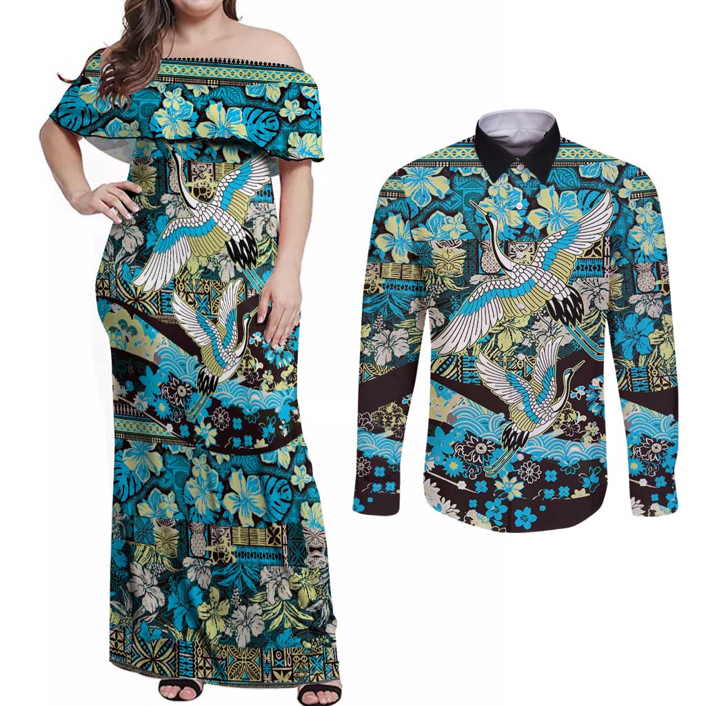 Japanese Hawaiian Crane Couples Matching Off Shoulder Maxi Dress and Long Sleeve Button Shirt Blue Tapa Patchwork Pattern LT9 Blue - Polynesian Pride