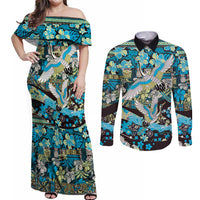 Japanese Hawaiian Crane Couples Matching Off Shoulder Maxi Dress and Long Sleeve Button Shirt Blue Tapa Patchwork Pattern LT9 Blue - Polynesian Pride