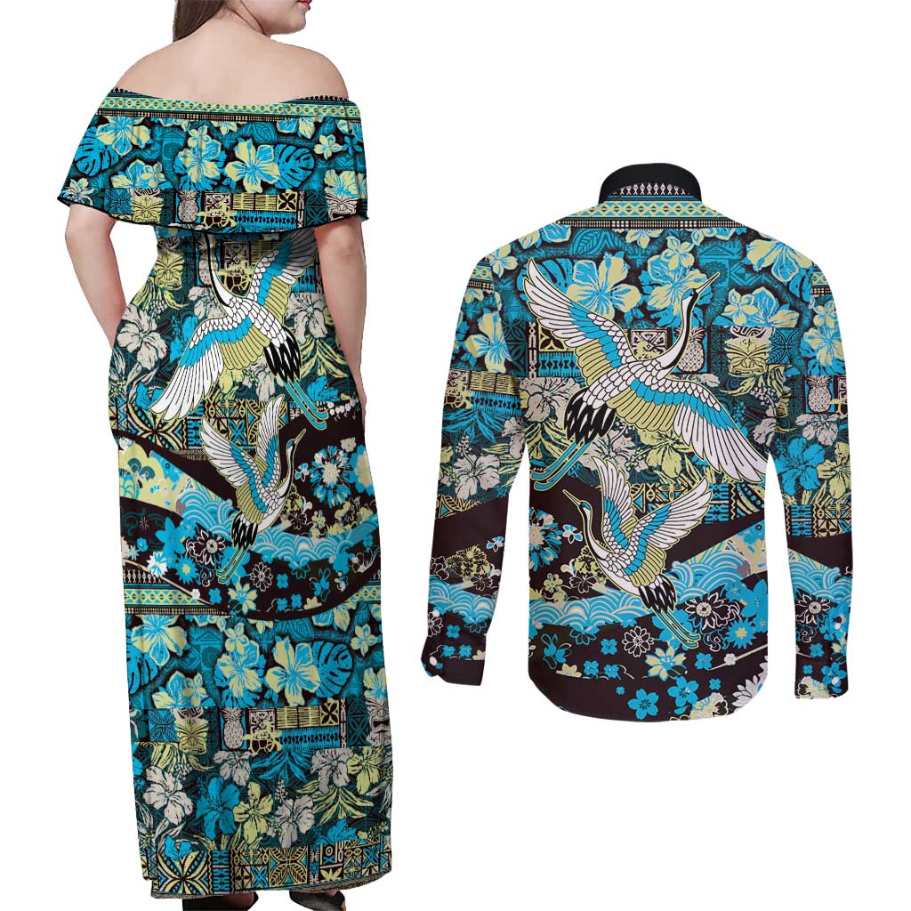 Japanese Hawaiian Crane Couples Matching Off Shoulder Maxi Dress and Long Sleeve Button Shirt Blue Tapa Patchwork Pattern LT9 - Polynesian Pride