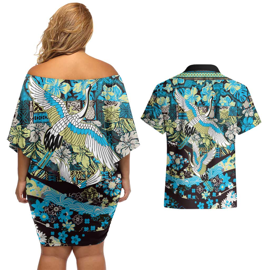 Japanese Hawaiian Crane Couples Matching Off Shoulder Short Dress and Hawaiian Shirt Blue Tapa Patchwork Pattern LT9 - Polynesian Pride
