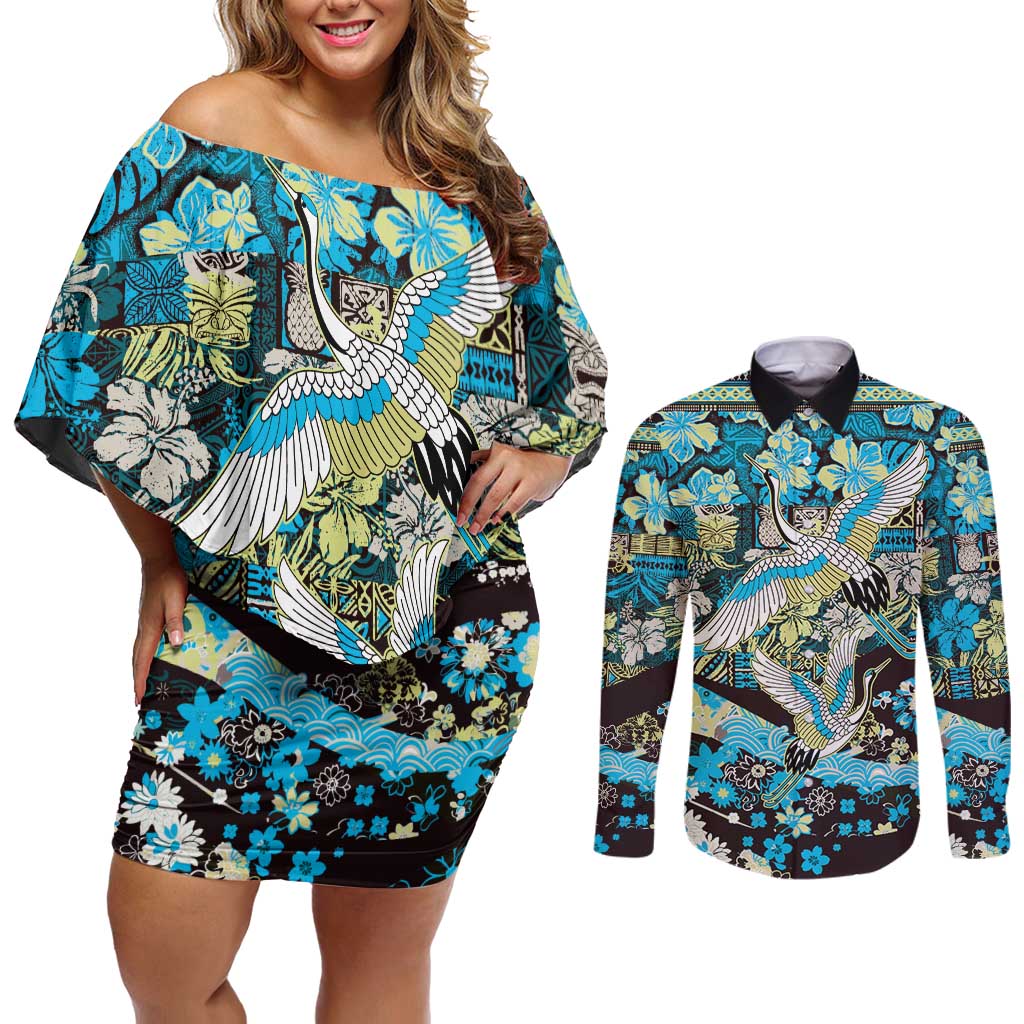 Japanese Hawaiian Crane Couples Matching Off Shoulder Short Dress and Long Sleeve Button Shirt Blue Tapa Patchwork Pattern LT9 Blue - Polynesian Pride