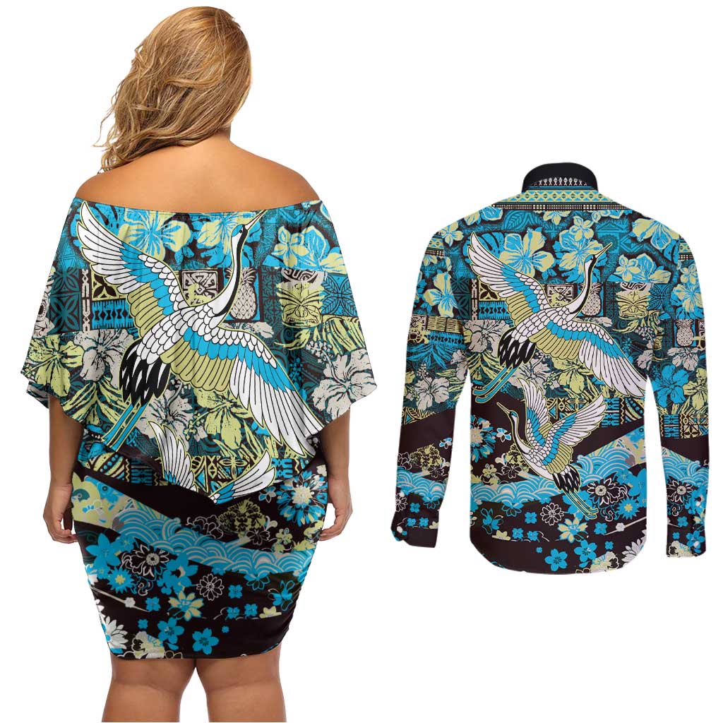 Japanese Hawaiian Crane Couples Matching Off Shoulder Short Dress and Long Sleeve Button Shirt Blue Tapa Patchwork Pattern LT9 - Polynesian Pride