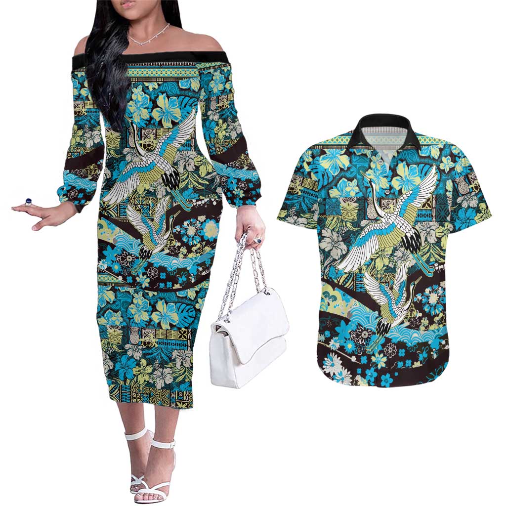 Japanese Hawaiian Crane Couples Matching Off The Shoulder Long Sleeve Dress and Hawaiian Shirt Blue Tapa Patchwork Pattern LT9 Blue - Polynesian Pride