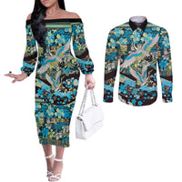 Japanese Hawaiian Crane Couples Matching Off The Shoulder Long Sleeve Dress and Long Sleeve Button Shirt Blue Tapa Patchwork Pattern LT9 Blue - Polynesian Pride