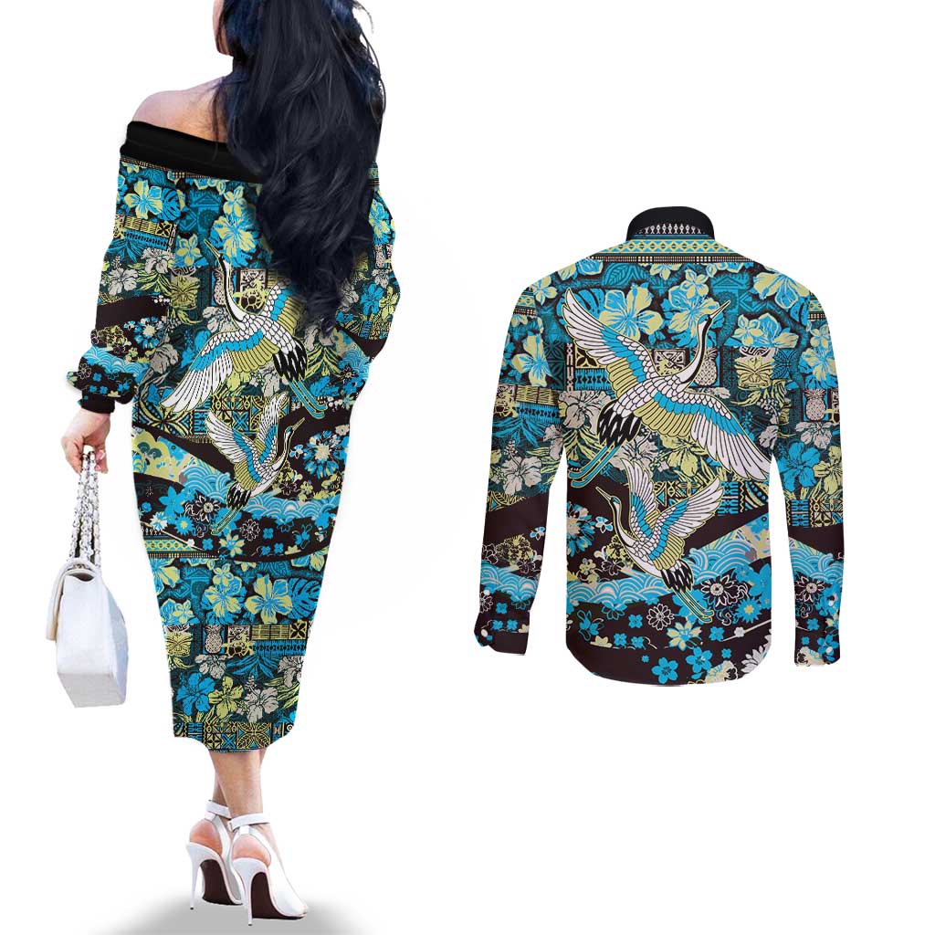Japanese Hawaiian Crane Couples Matching Off The Shoulder Long Sleeve Dress and Long Sleeve Button Shirt Blue Tapa Patchwork Pattern LT9 - Polynesian Pride
