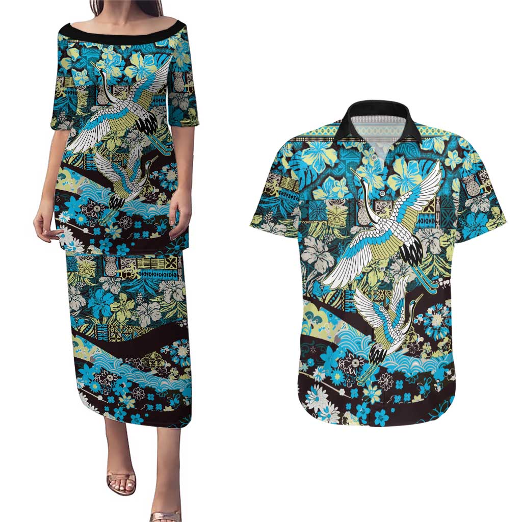 Japanese Hawaiian Crane Couples Matching Puletasi and Hawaiian Shirt Blue Tapa Patchwork Pattern LT9 Blue - Polynesian Pride