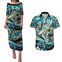 Japanese Hawaiian Crane Couples Matching Puletasi and Hawaiian Shirt Blue Tapa Patchwork Pattern LT9 Blue - Polynesian Pride