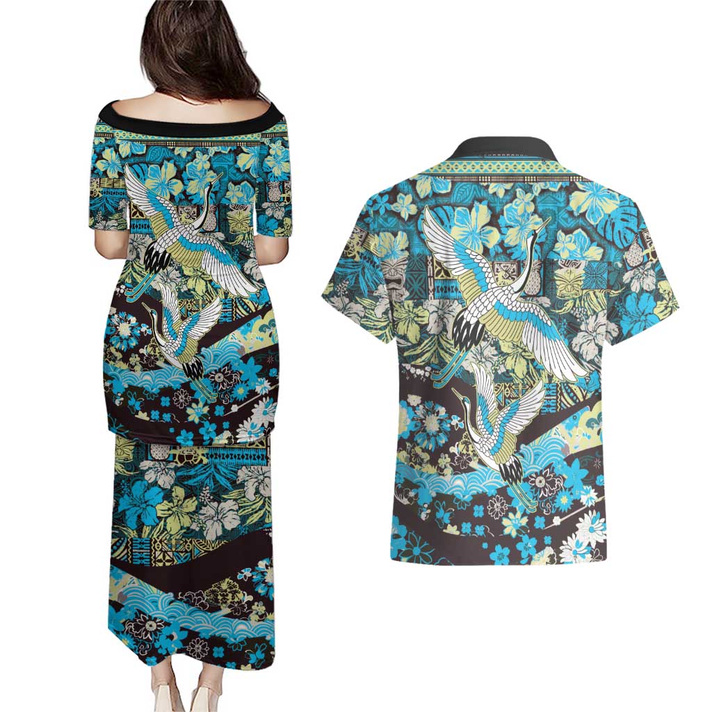Japanese Hawaiian Crane Couples Matching Puletasi and Hawaiian Shirt Blue Tapa Patchwork Pattern LT9 - Polynesian Pride