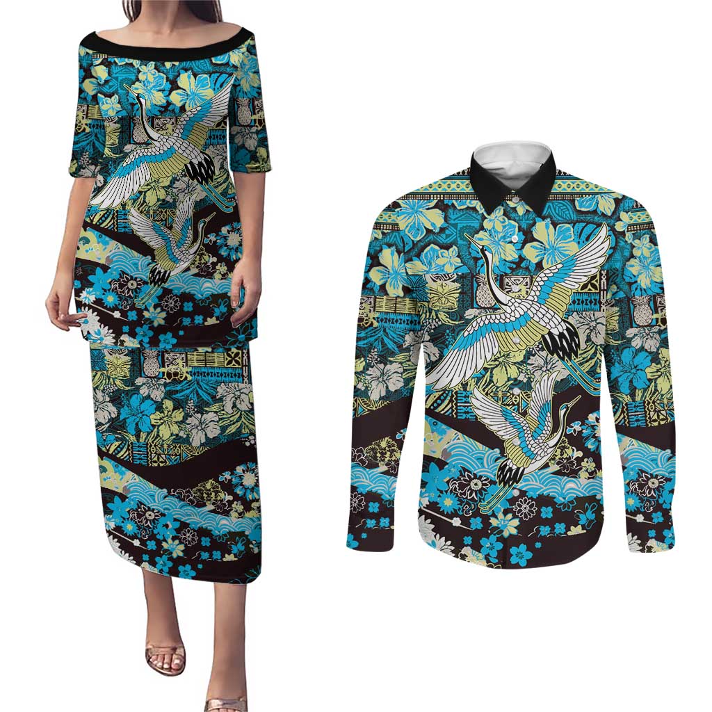 Japanese Hawaiian Crane Couples Matching Puletasi and Long Sleeve Button Shirt Blue Tapa Patchwork Pattern LT9 Blue - Polynesian Pride