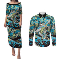 Japanese Hawaiian Crane Couples Matching Puletasi and Long Sleeve Button Shirt Blue Tapa Patchwork Pattern LT9 Blue - Polynesian Pride