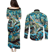 Japanese Hawaiian Crane Couples Matching Puletasi and Long Sleeve Button Shirt Blue Tapa Patchwork Pattern LT9 - Polynesian Pride