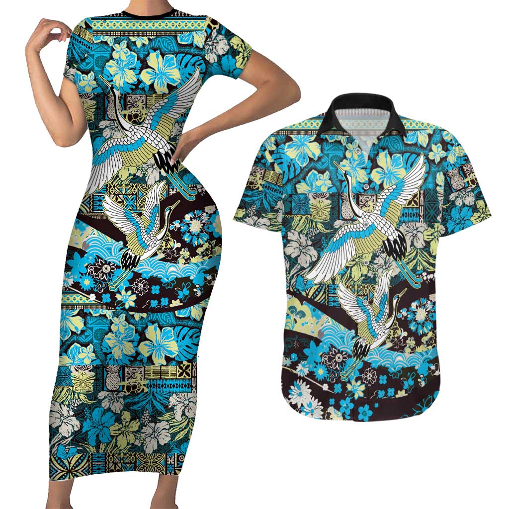 Japanese Hawaiian Crane Couples Matching Short Sleeve Bodycon Dress and Hawaiian Shirt Blue Tapa Patchwork Pattern LT9 Blue - Polynesian Pride