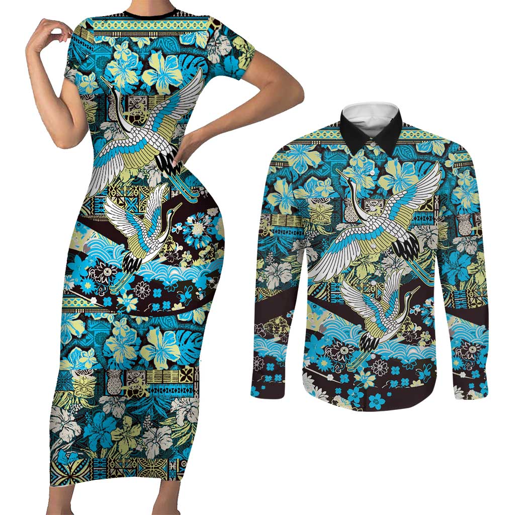 Japanese Hawaiian Crane Couples Matching Short Sleeve Bodycon Dress and Long Sleeve Button Shirt Blue Tapa Patchwork Pattern LT9 Blue - Polynesian Pride