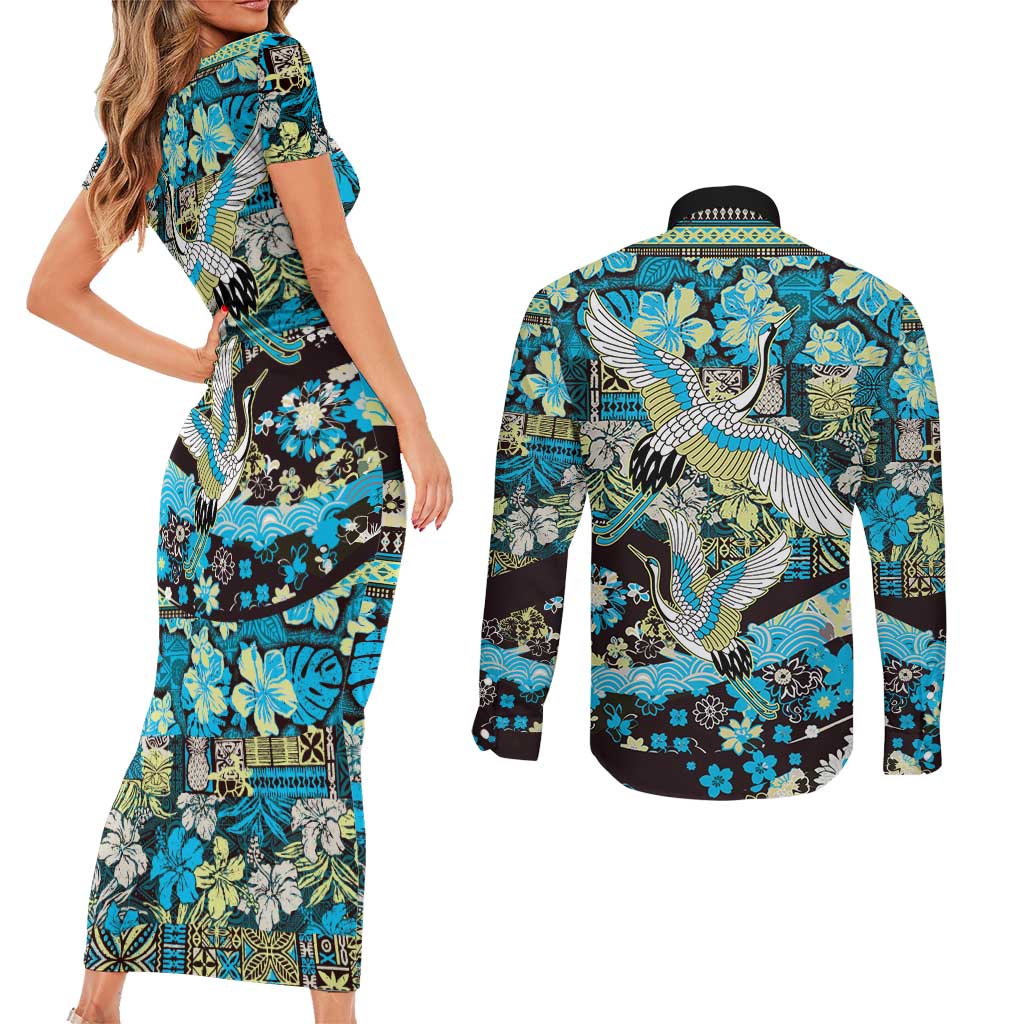 Japanese Hawaiian Crane Couples Matching Short Sleeve Bodycon Dress and Long Sleeve Button Shirt Blue Tapa Patchwork Pattern LT9 - Polynesian Pride