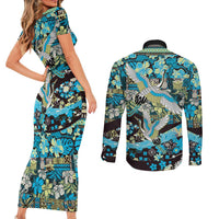 Japanese Hawaiian Crane Couples Matching Short Sleeve Bodycon Dress and Long Sleeve Button Shirt Blue Tapa Patchwork Pattern LT9 - Polynesian Pride