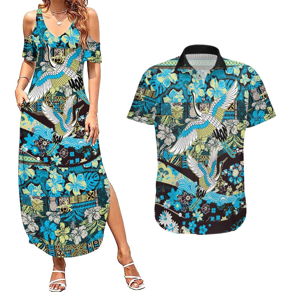 Japanese Hawaiian Crane Couples Matching Summer Maxi Dress and Hawaiian Shirt Blue Tapa Patchwork Pattern LT9 Blue - Polynesian Pride