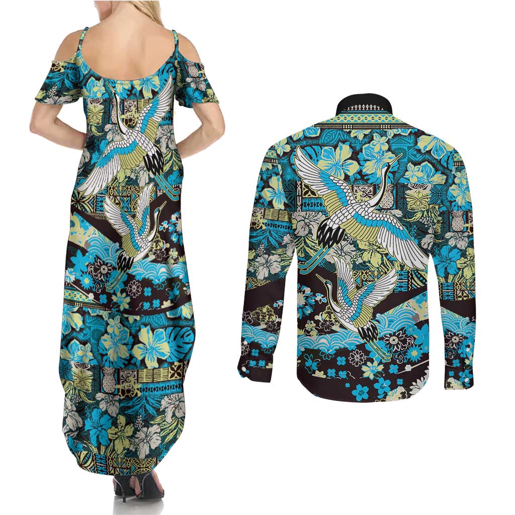 Japanese Hawaiian Crane Couples Matching Summer Maxi Dress and Long Sleeve Button Shirt Blue Tapa Patchwork Pattern LT9 - Polynesian Pride
