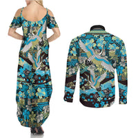 Japanese Hawaiian Crane Couples Matching Summer Maxi Dress and Long Sleeve Button Shirt Blue Tapa Patchwork Pattern LT9 - Polynesian Pride