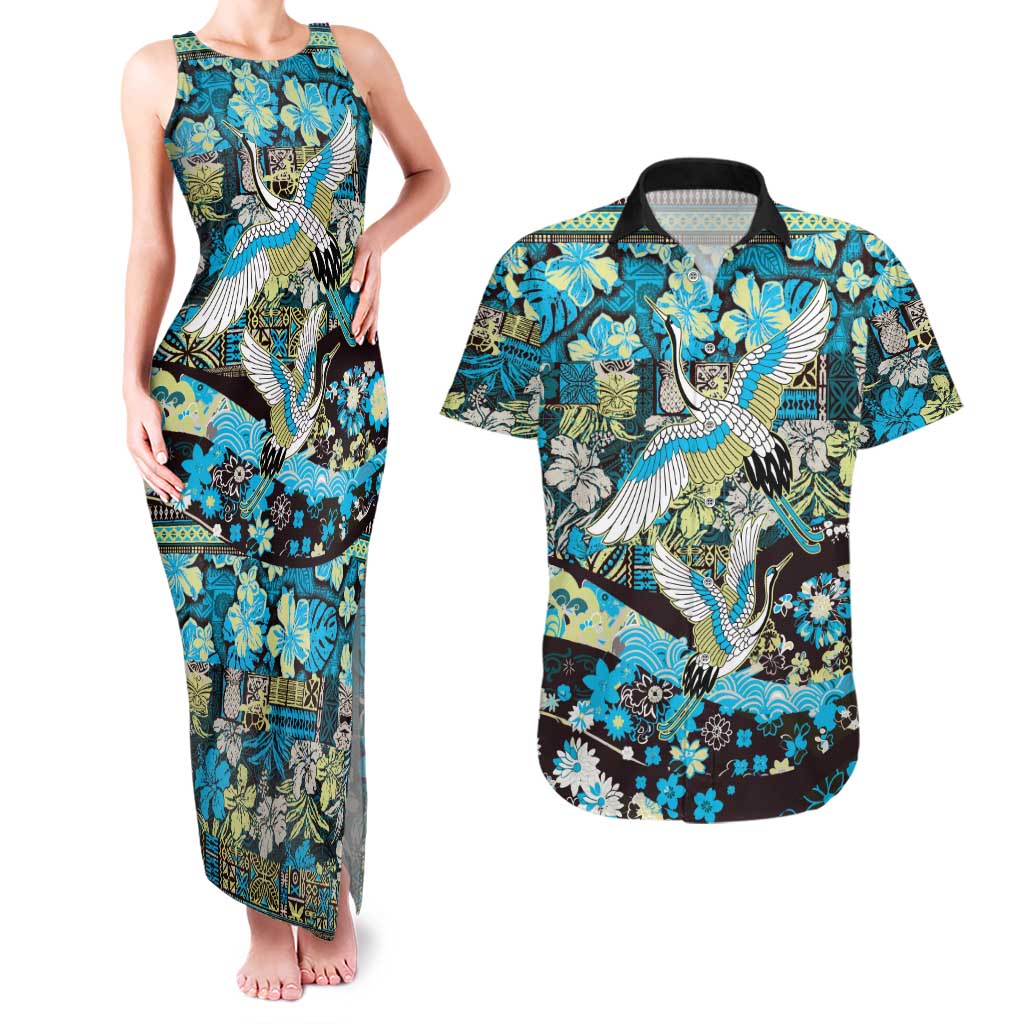 Japanese Hawaiian Crane Couples Matching Tank Maxi Dress and Hawaiian Shirt Blue Tapa Patchwork Pattern LT9 Blue - Polynesian Pride