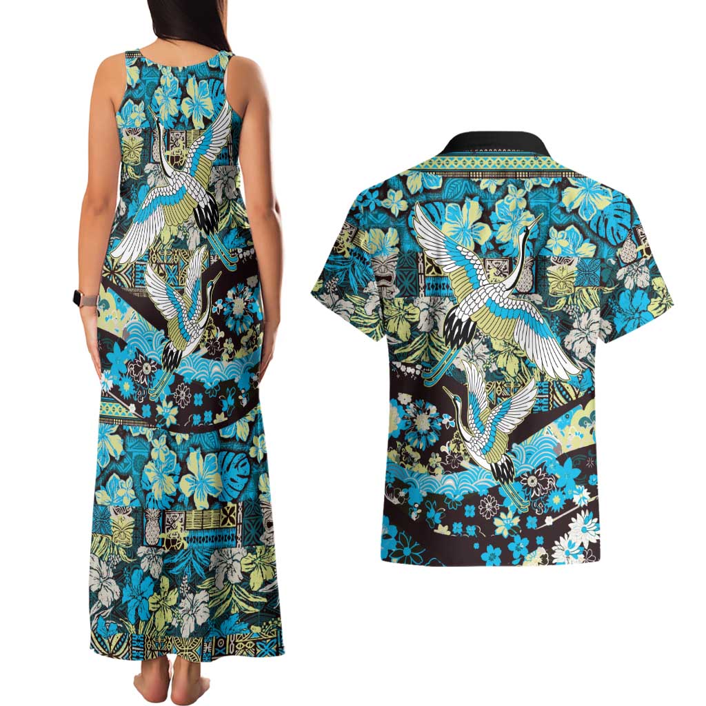 Japanese Hawaiian Crane Couples Matching Tank Maxi Dress and Hawaiian Shirt Blue Tapa Patchwork Pattern LT9 - Polynesian Pride
