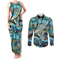 Japanese Hawaiian Crane Couples Matching Tank Maxi Dress and Long Sleeve Button Shirt Blue Tapa Patchwork Pattern LT9 Blue - Polynesian Pride