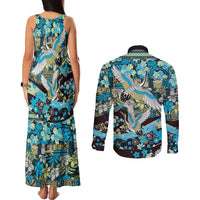 Japanese Hawaiian Crane Couples Matching Tank Maxi Dress and Long Sleeve Button Shirt Blue Tapa Patchwork Pattern LT9 - Polynesian Pride