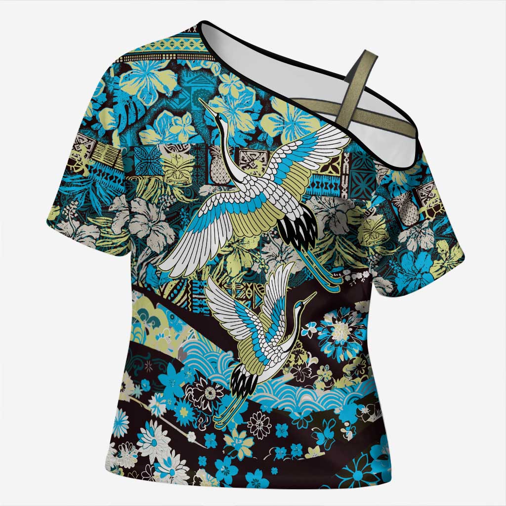 Japanese Hawaiian Crane Cross Shoulder Shirt Blue Tapa Patchwork Pattern LT9 Female Blue - Polynesian Pride