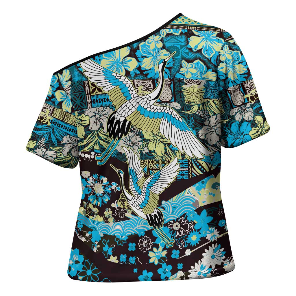 Japanese Hawaiian Crane Cross Shoulder Shirt Blue Tapa Patchwork Pattern LT9 - Polynesian Pride