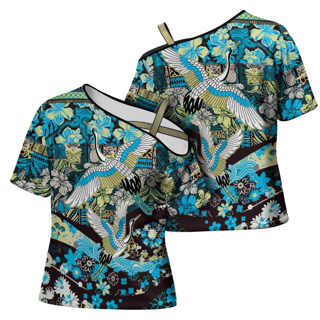 Japanese Hawaiian Crane Cross Shoulder Shirt Blue Tapa Patchwork Pattern LT9 - Polynesian Pride