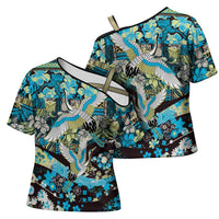 Japanese Hawaiian Crane Cross Shoulder Shirt Blue Tapa Patchwork Pattern LT9 - Polynesian Pride